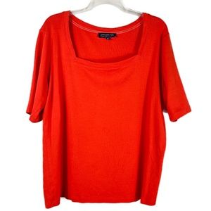 Red Jones New York Signature Woman Cotton Knit Top, Short Sleeve Square Neckline